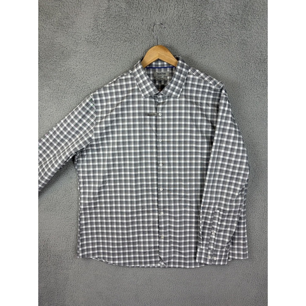 Reaction Kenneth Cole Shirt Mens 2XL Gray Check Slim Fit Long Sleeve Button New